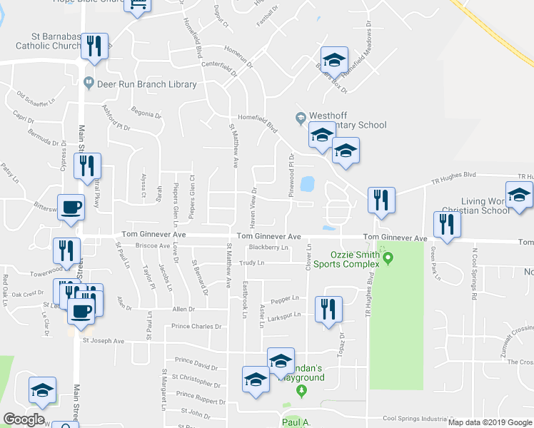 map of restaurants, bars, coffee shops, grocery stores, and more near 775 Haven View Court in O'Fallon
