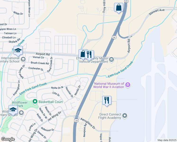 map of restaurants, bars, coffee shops, grocery stores, and more near 575 Airport Creek Point in Colorado Springs