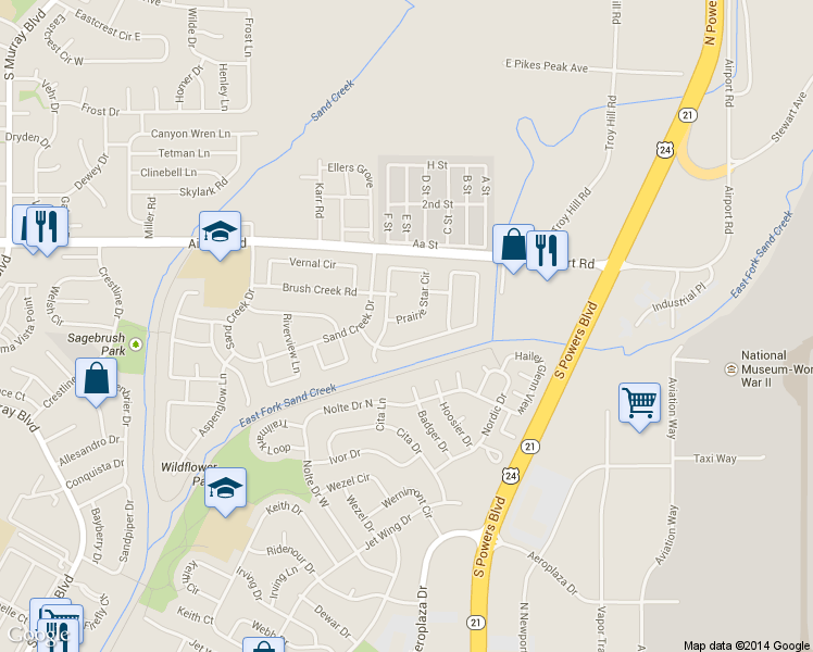 map of restaurants, bars, coffee shops, grocery stores, and more near 524 Prairie Star Circle in Colorado Springs