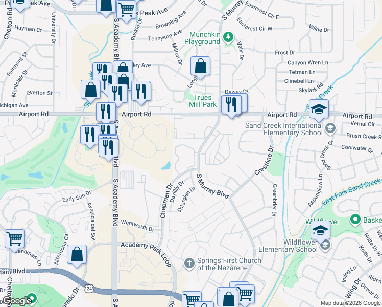 map of restaurants, bars, coffee shops, grocery stores, and more near 4175 Lacy Lane in Colorado Springs