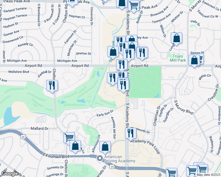 map of restaurants, bars, coffee shops, grocery stores, and more near 411 Lakewood Circle in Colorado Springs