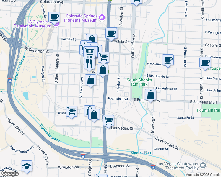 map of restaurants, bars, coffee shops, grocery stores, and more near 113 East Las Animas Street in Colorado Springs