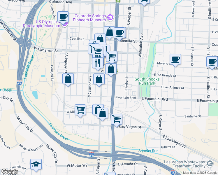 map of restaurants, bars, coffee shops, grocery stores, and more near 125 East Las Animas Street in Colorado Springs