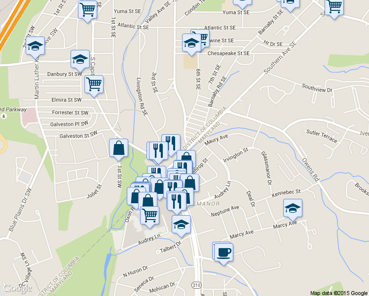 map of restaurants, bars, coffee shops, grocery stores, and more near 101 Independence Avenue Southeast in Washington