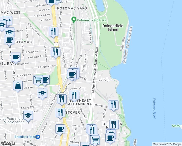 map of restaurants, bars, coffee shops, grocery stores, and more near 101 Independence Avenue Southeast in Washington