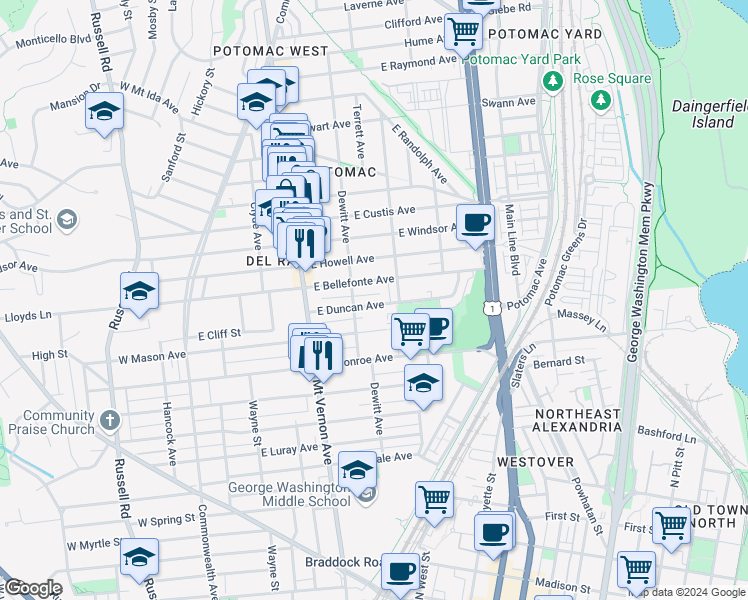 map of restaurants, bars, coffee shops, grocery stores, and more near 101 Independence Avenue Southeast in Washington
