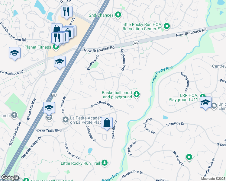 map of restaurants, bars, coffee shops, grocery stores, and more near 14045 Betsy Ross Lane in Centreville