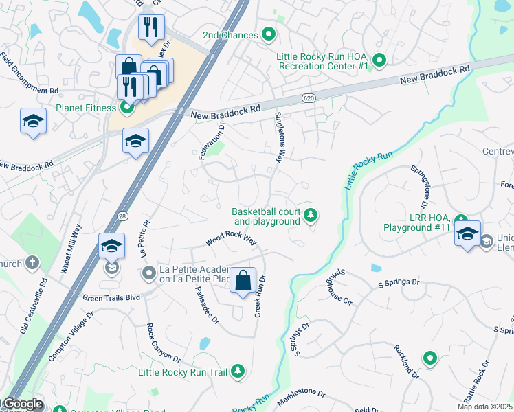 map of restaurants, bars, coffee shops, grocery stores, and more near 14045 Betsy Ross Lane in Centreville