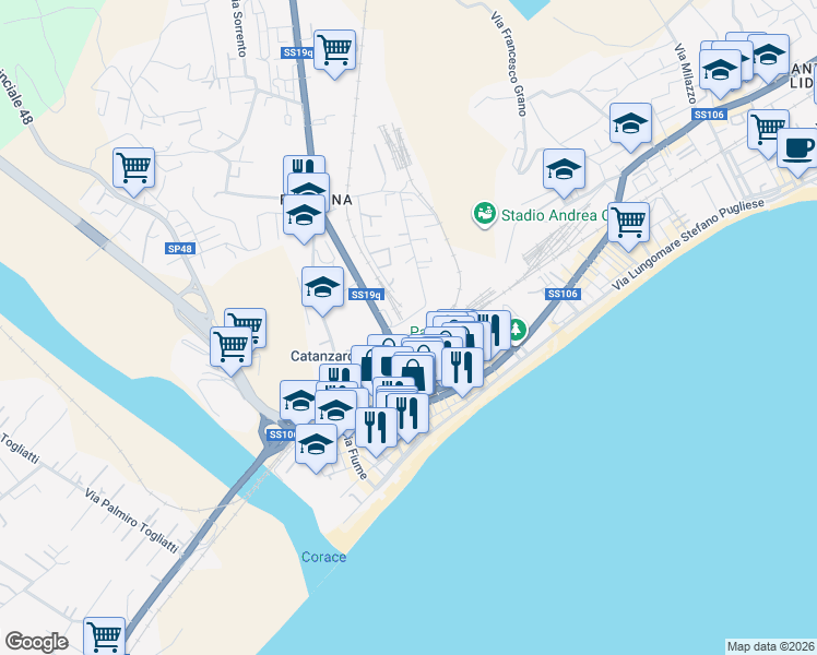 map of restaurants, bars, coffee shops, grocery stores, and more near Via Nazionale in Catanzaro