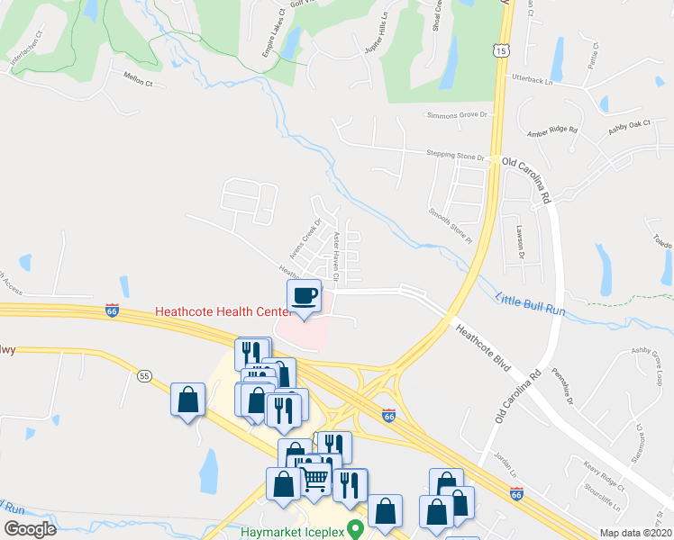 map of restaurants, bars, coffee shops, grocery stores, and more near 6231 Aster Haven Circle in Haymarket