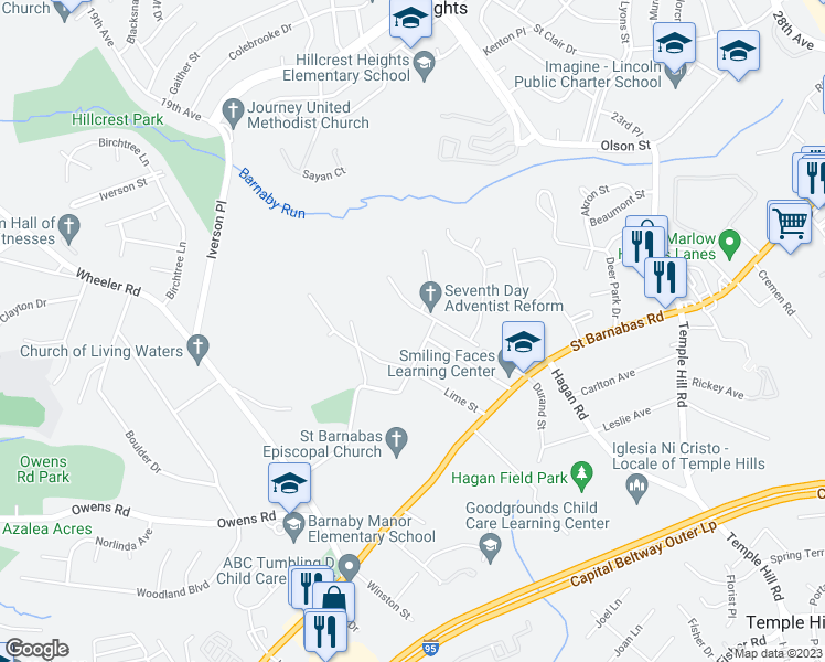 map of restaurants, bars, coffee shops, grocery stores, and more near 4803 North Barnaby Lane in Temple Hills