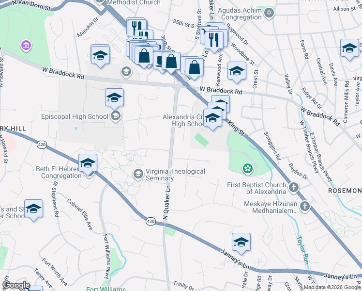 map of restaurants, bars, coffee shops, grocery stores, and more near 1000 Woods Place in Alexandria