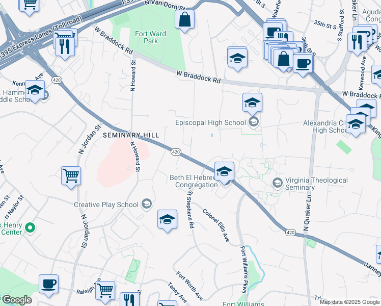 map of restaurants, bars, coffee shops, grocery stores, and more near 1509 North Frazier Street in Alexandria