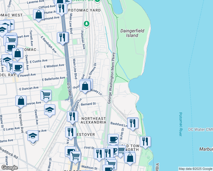 map of restaurants, bars, coffee shops, grocery stores, and more near 1722 West Abingdon Drive in Alexandria