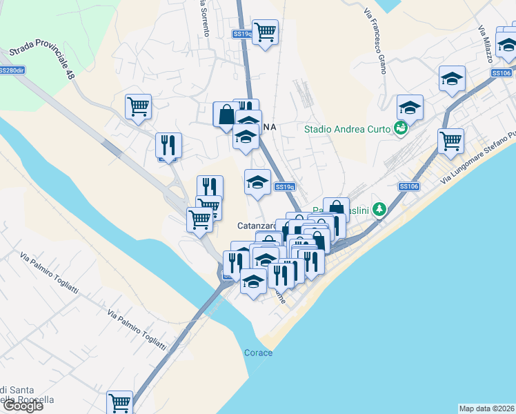 map of restaurants, bars, coffee shops, grocery stores, and more near 27 Via Stretto Antico in Catanzaro
