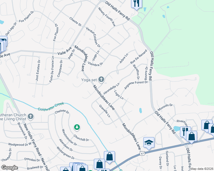 map of restaurants, bars, coffee shops, grocery stores, and more near 14705 Airelle Court in Florissant