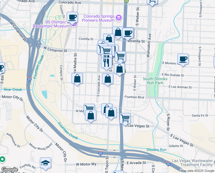map of restaurants, bars, coffee shops, grocery stores, and more near 802 South Tejon Street in Colorado Springs