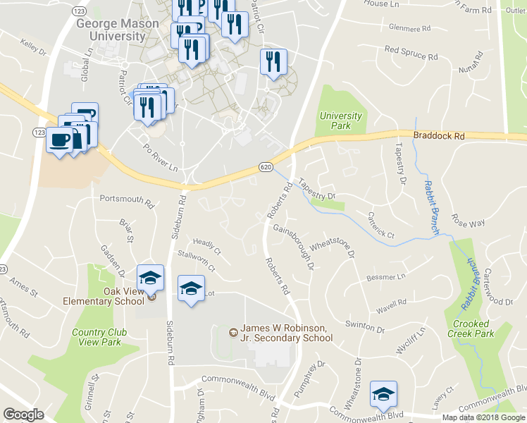 map of restaurants, bars, coffee shops, grocery stores, and more near 4820 Treasure Court in Fairfax