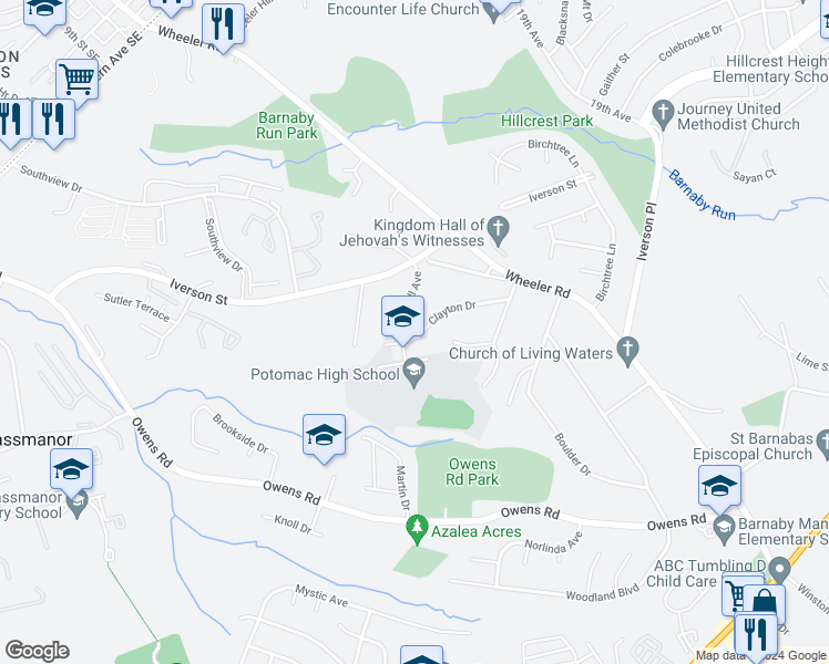 map of restaurants, bars, coffee shops, grocery stores, and more near 1802 Clayton Drive in Oxon Hill