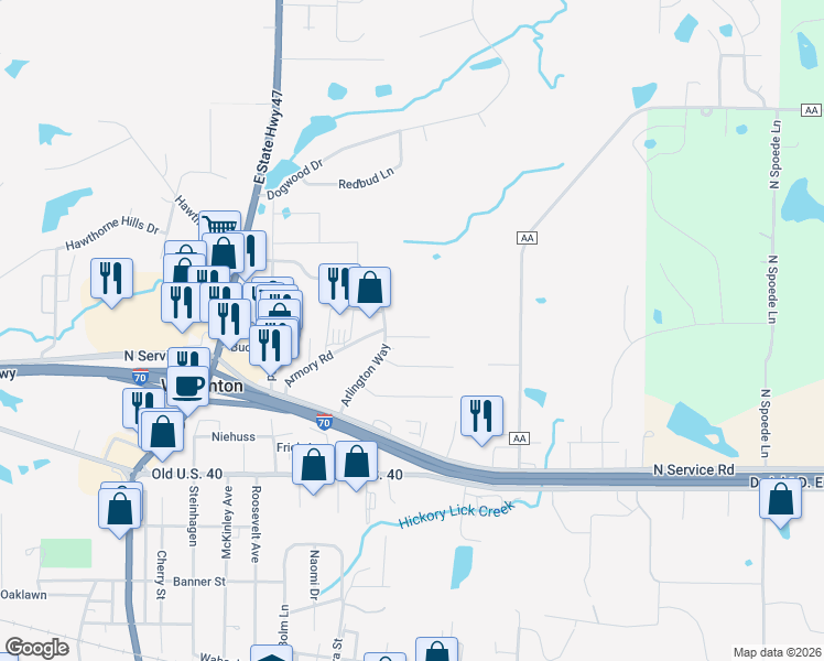 map of restaurants, bars, coffee shops, grocery stores, and more near 303 Roanoke Drive in Warrenton