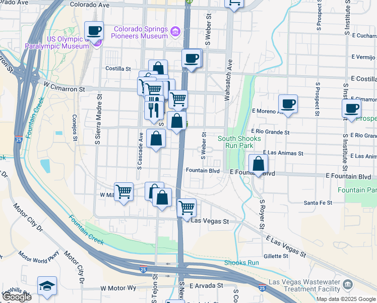 map of restaurants, bars, coffee shops, grocery stores, and more near 113 East Las Animas Street in Colorado Springs