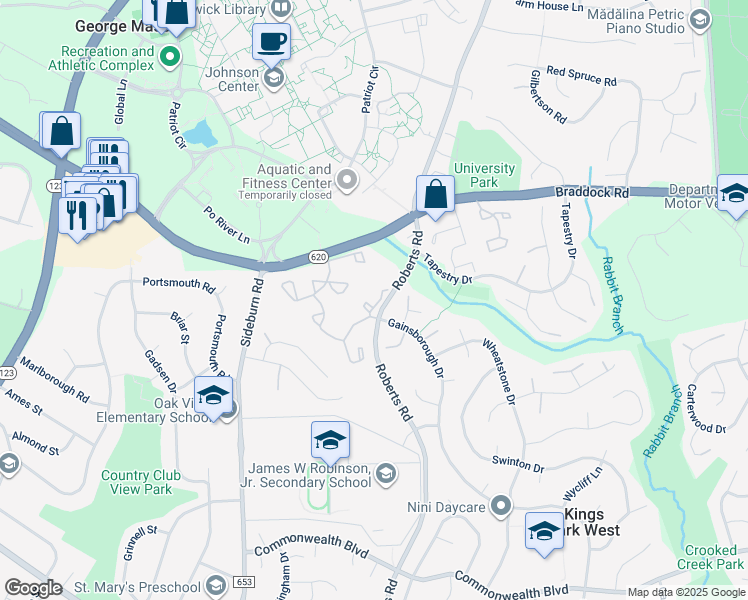 map of restaurants, bars, coffee shops, grocery stores, and more near 4820 Treasure Court in Fairfax