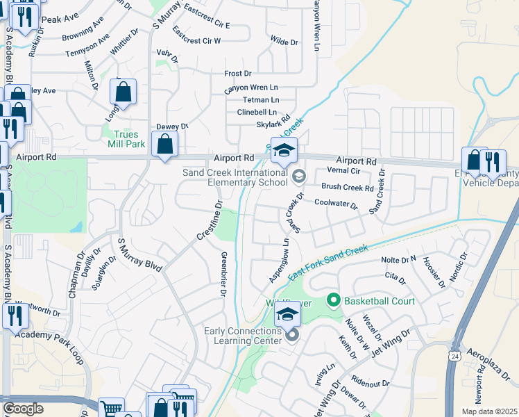 map of restaurants, bars, coffee shops, grocery stores, and more near 4515 Star Ridge Drive in Colorado Springs