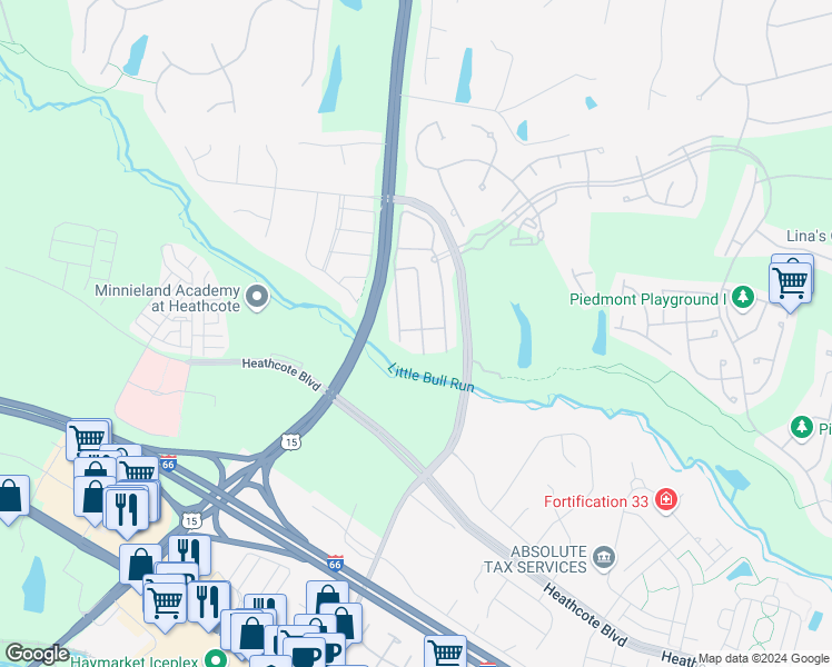 map of restaurants, bars, coffee shops, grocery stores, and more near 6238 Lawson Drive in Haymarket