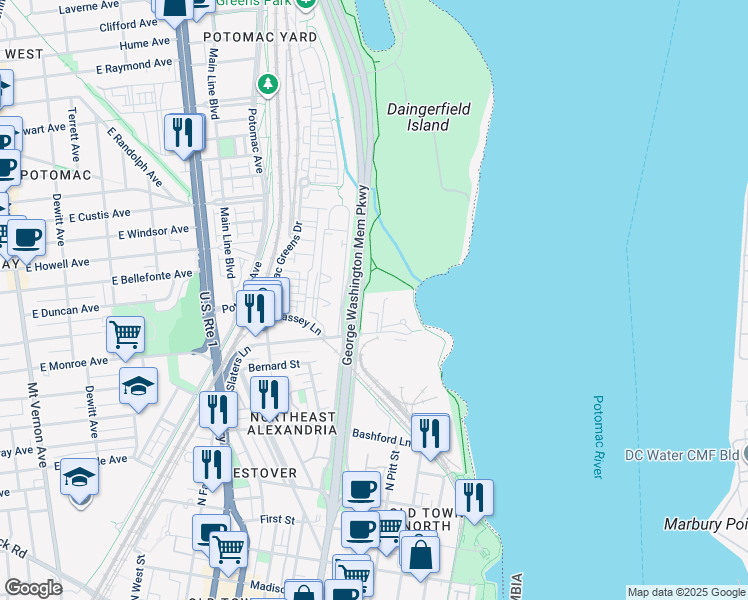 map of restaurants, bars, coffee shops, grocery stores, and more near 635 Slaters Lane in Alexandria