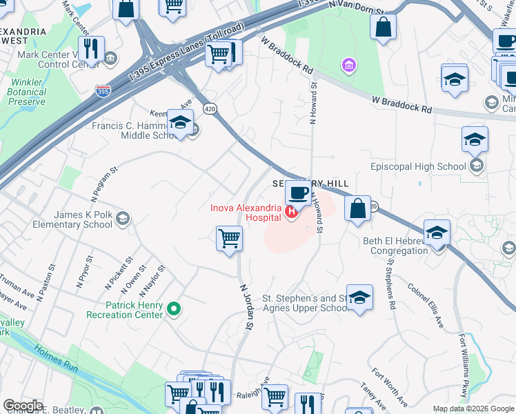 map of restaurants, bars, coffee shops, grocery stores, and more near 1329 North Ivanhoe Street in Alexandria