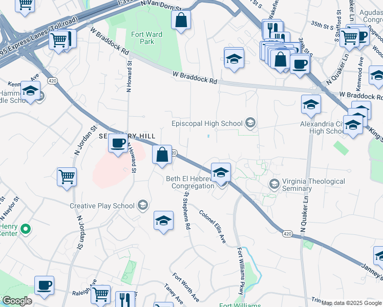 map of restaurants, bars, coffee shops, grocery stores, and more near 1509 North Frazier Street in Alexandria