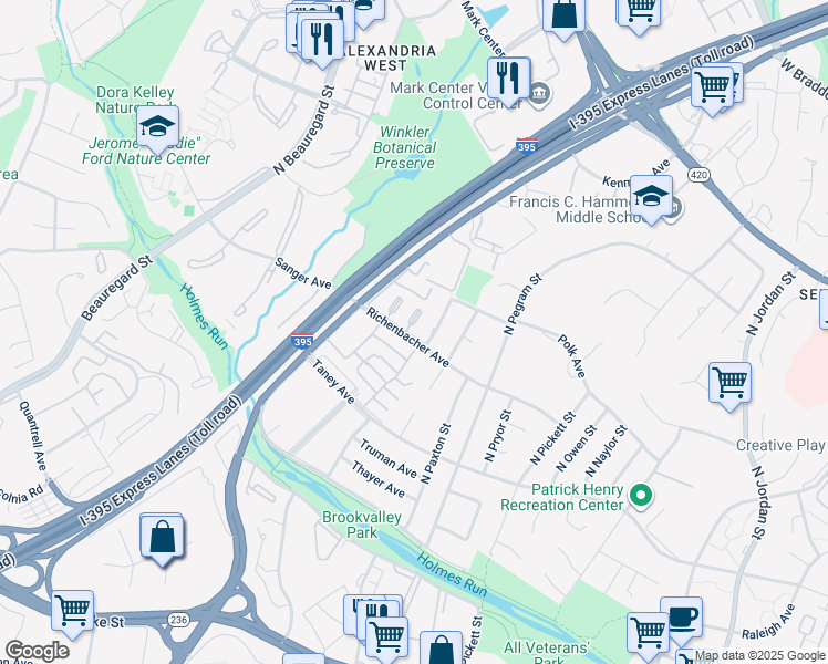 map of restaurants, bars, coffee shops, grocery stores, and more near 5413 Richenbacher Avenue in Alexandria