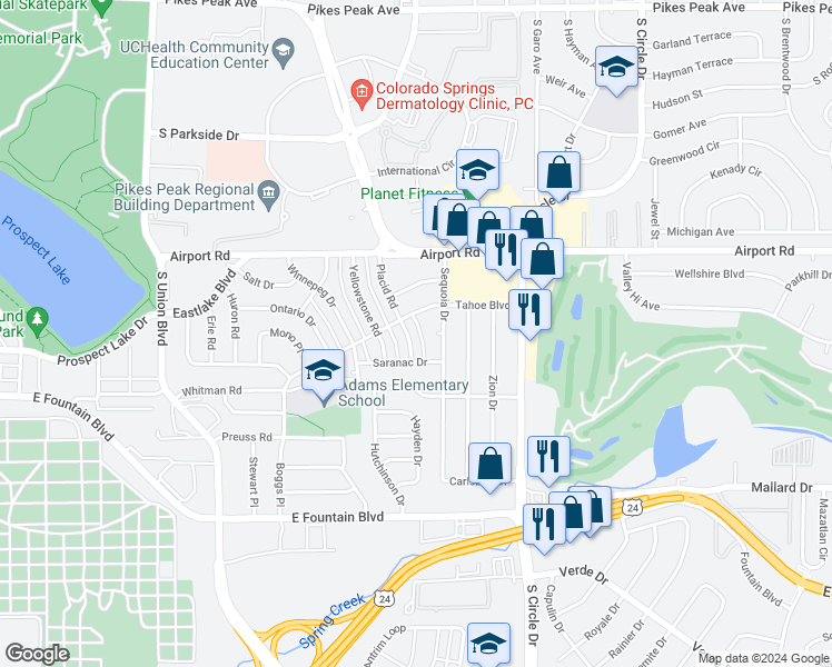 map of restaurants, bars, coffee shops, grocery stores, and more near 622 Sequoia Drive in Colorado Springs