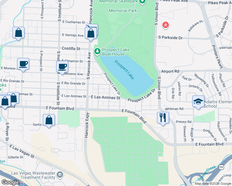 map of restaurants, bars, coffee shops, grocery stores, and more near 720 Prospect Lake Drive in Colorado Springs