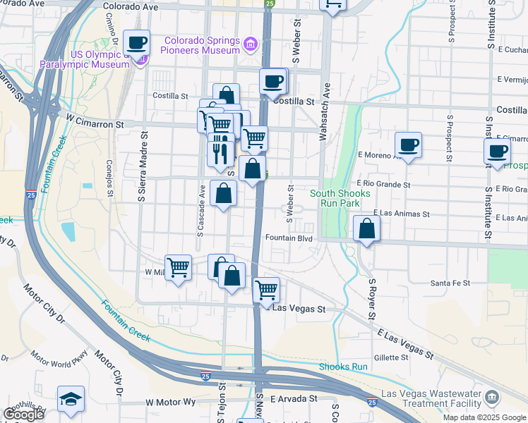 map of restaurants, bars, coffee shops, grocery stores, and more near 113 East Las Animas Street in Colorado Springs