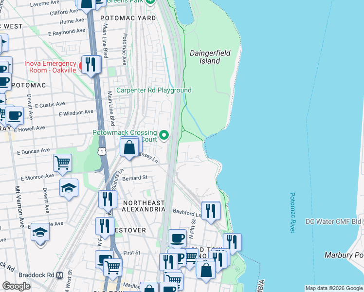 map of restaurants, bars, coffee shops, grocery stores, and more near 625 Slaters Lane in Alexandria