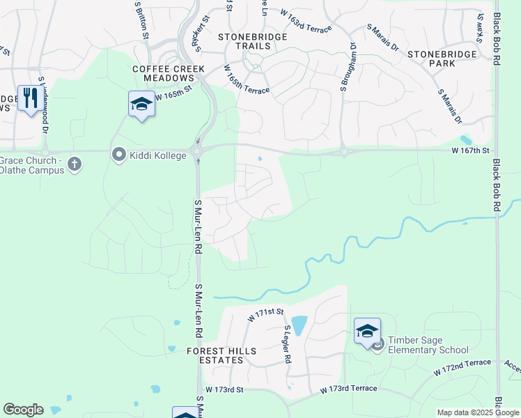 map of restaurants, bars, coffee shops, grocery stores, and more near 16441 West 168th Place in Olathe