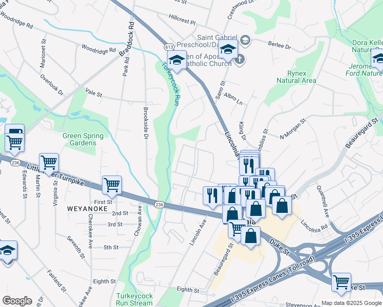 map of restaurants, bars, coffee shops, grocery stores, and more near 4502 Southland Avenue in Lincolnia