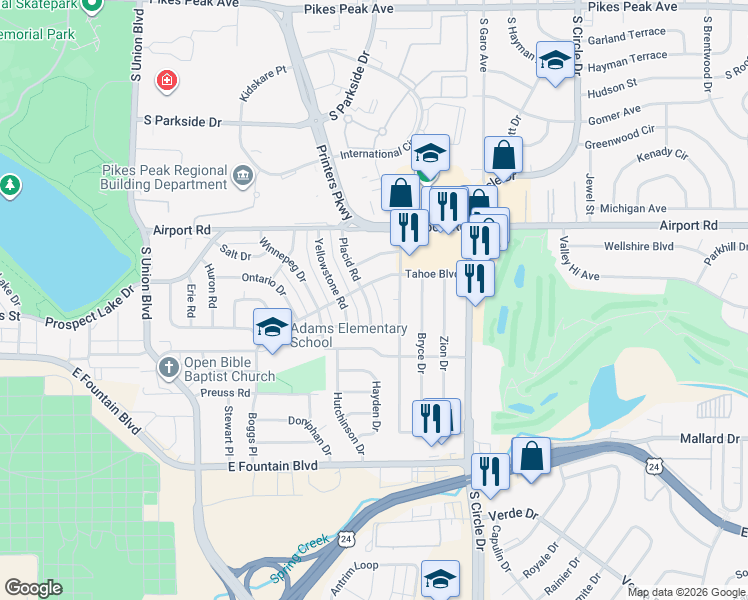 map of restaurants, bars, coffee shops, grocery stores, and more near 622 Sequoia Drive in Colorado Springs