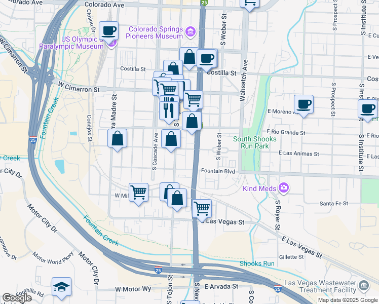 map of restaurants, bars, coffee shops, grocery stores, and more near 125 East Las Animas Street in Colorado Springs
