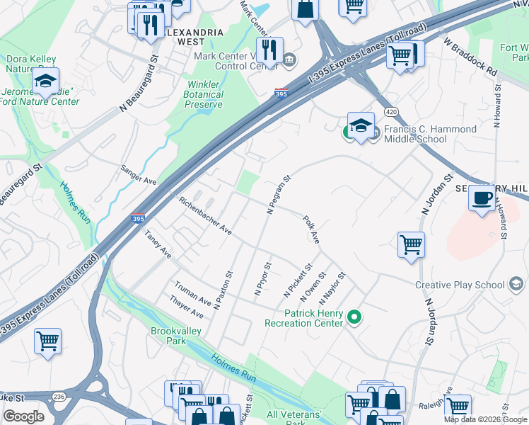 map of restaurants, bars, coffee shops, grocery stores, and more near 1148 North Pegram Street in Alexandria