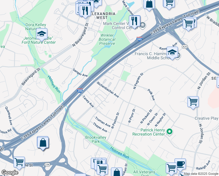 map of restaurants, bars, coffee shops, grocery stores, and more near 5413 Richenbacher Avenue in Alexandria