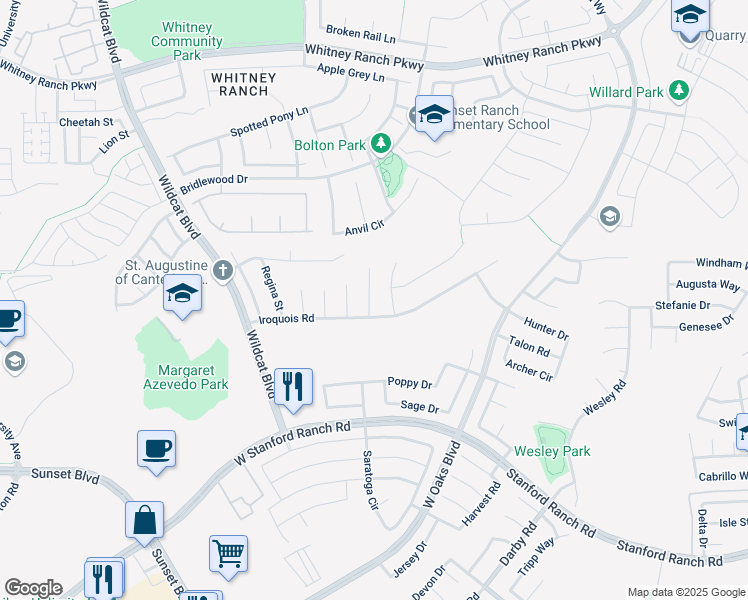 map of restaurants, bars, coffee shops, grocery stores, and more near 5404 Evan Court in Rocklin