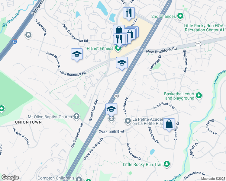 map of restaurants, bars, coffee shops, grocery stores, and more near 6515 Harvest Mill Court in Centreville