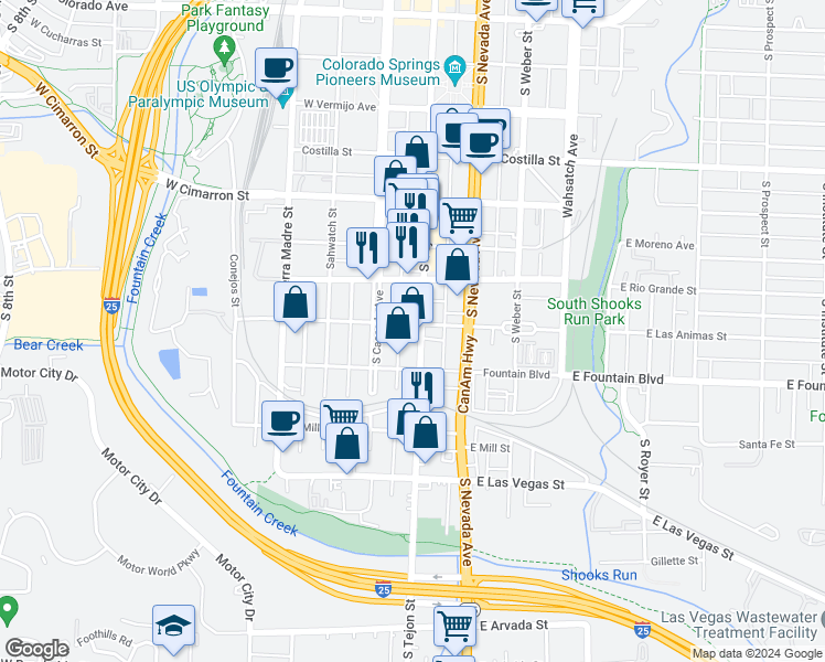 map of restaurants, bars, coffee shops, grocery stores, and more near 802 South Tejon Street in Colorado Springs