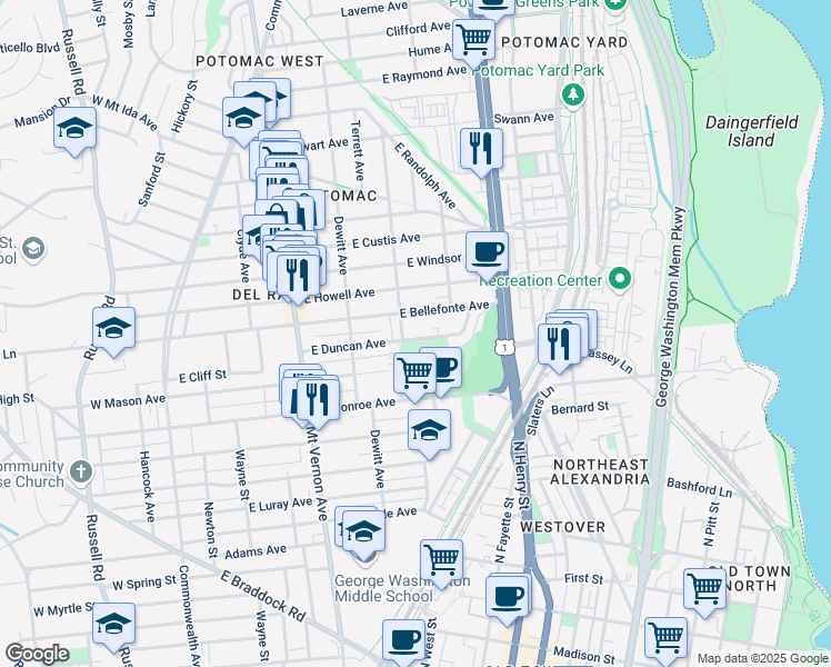 map of restaurants, bars, coffee shops, grocery stores, and more near 404 East Duncan Avenue in Alexandria