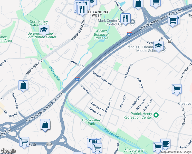 map of restaurants, bars, coffee shops, grocery stores, and more near 5420 Richenbacher Avenue in Alexandria