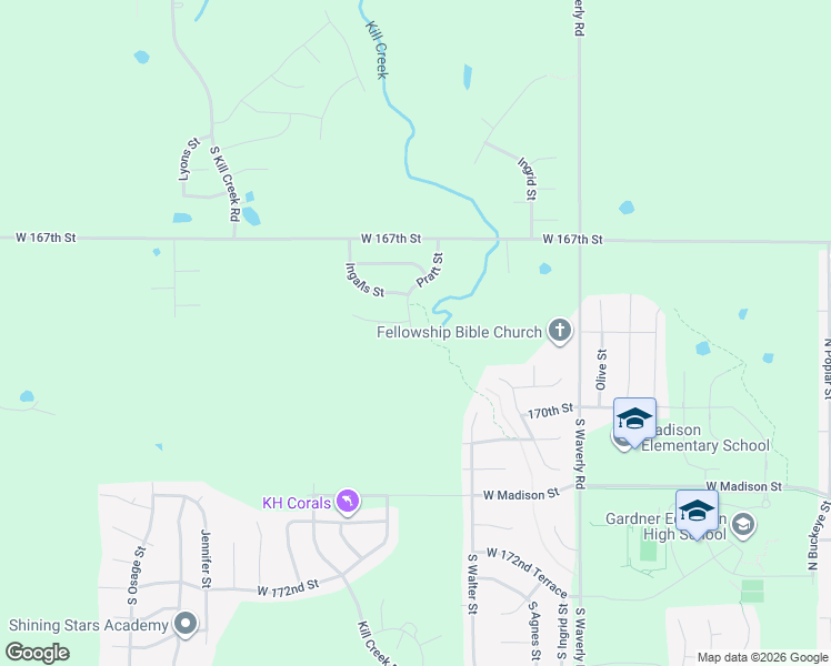 map of restaurants, bars, coffee shops, grocery stores, and more near 16845 Pratt Street in Gardner
