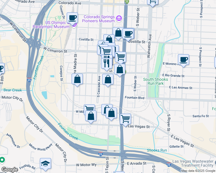 map of restaurants, bars, coffee shops, grocery stores, and more near 802 South Tejon Street in Colorado Springs