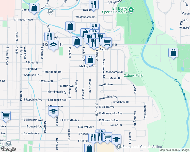 map of restaurants, bars, coffee shops, grocery stores, and more near 842 South Ohio Street in Salina